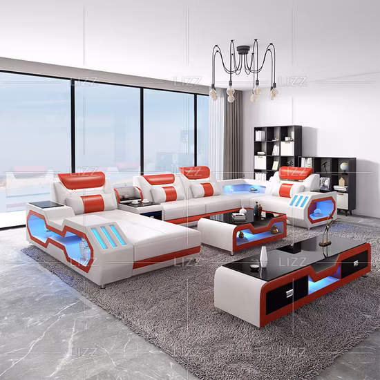 Canapé en cuir véritable en forme de U, mobilier de salon de loisirs sectionnel moderne européen, ensemble de canapé avec lumières LED